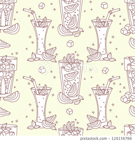 Outline Seamless Pattern with Guava Drink on light Green Background with tropical Fruit slices and Mint leaves. Summer Refreshing Cocktail. Line hand drawing. Vector illustration 128156766