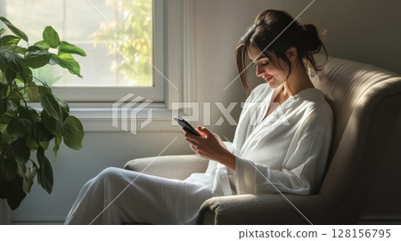 Woman Relaxing at Home with Smartphone 128156795