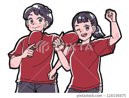 男孩和女孩打乒乓球的插圖 男孩和女孩打乒乓球的插圖 128156875