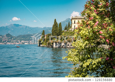 Lush Botanical Garden of Villa Monastero Overlooking Lake Como: Elegant Historic Estate Surrounded by Mediterranean Flora and Alpine Scenery 128156880