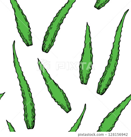 seamless pattern with green aloe vera, vector pattern in sketch style. natural cosmetic 128156942