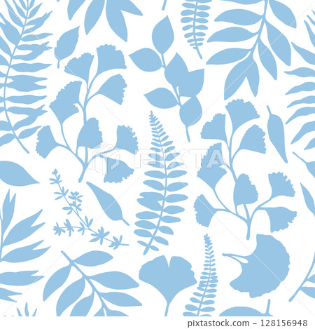 Seamless pattern of tropical blue forest leaves. Vector illustration. Silhouette of ginkgo, fern 128156948