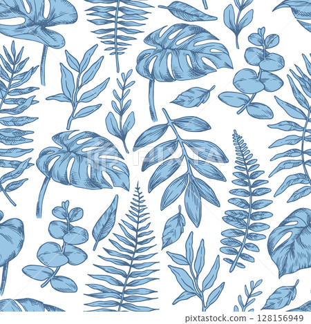 Seamless pattern of tropical blue forest leaves. Vector illustration in sketch style. monstera, fern, eucalyptus 128156949