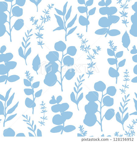 Seamless pattern of tropical blue forest eucalyptus leaves. Vector illustration of tropical leaves silhouettes. 128156952
