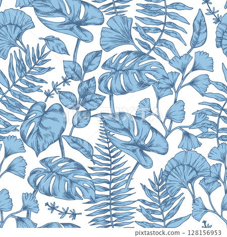 Seamless pattern of tropical blue forest leaves. Vector illustration in sketch style. monstera, fern, eucalyptus Seamless pattern of tropical blue forest leaves. Vector illustration in sketch style. monstera, fern, eucalyptus 128156953