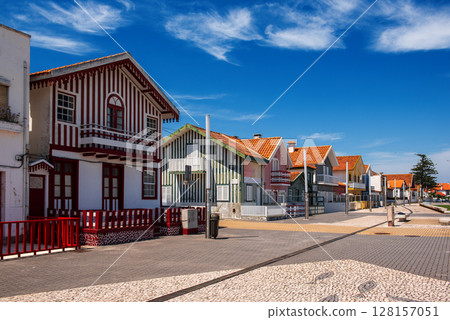 Costa Nova, Aveiro, Portugal: colorful striped houses called Palheiros at street 128157051