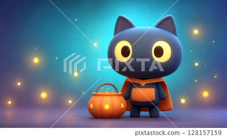 Halloween costume. Halloween black cat. Cute cartoon cat in Halloween costume with pumpkin lantern, glowing lights in background Halloween costume. Halloween black cat. Cute cartoon cat in Halloween costume with pumpkin lantern, glowing lights in background 128157159
