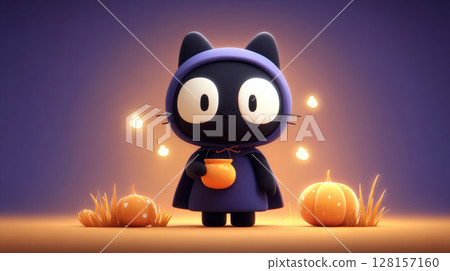 Halloween costume. Halloween black cat. Cute black cat in purple cloak holding pumpkin bucket, surrounded by glowing pumpkins and floating lights Halloween costume. Halloween black cat. Cute black cat in purple cloak holding pumpkin bucket, surrounded by glowing pumpkins and floating lights 128157160
