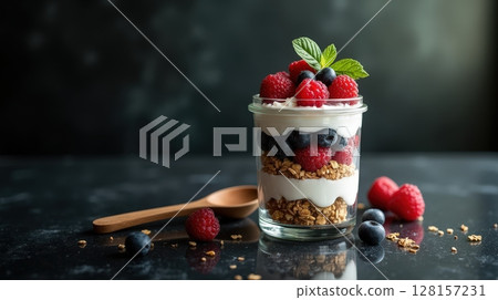 Delicious layered parfait with yogurt fruit and granola in glass jar 128157231