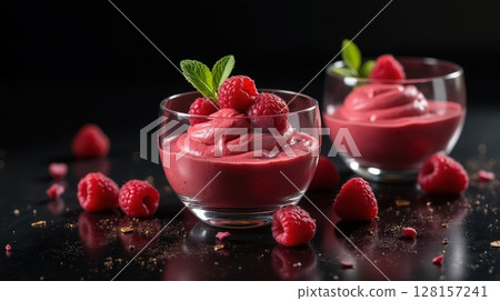 Raspberry mousse served in elegant glass bowls with fresh berries Raspberry mousse served in elegant glass bowls with fresh berries 128157241