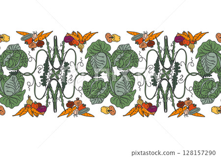 Botanical decorative different vegetables horizontal seamless pattern border isolated on white background. Hand drawn colorful veggies plants with Cabbage Carrot Peas Pepper Onion vector illustration 128157290