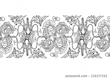 Line art botanical decorative different vegetables horizontal border seamless pattern isolated on white background. Hand drawn outline veggies with Cabbage Carrot Peas Pepper Onion vector design Card 128157291