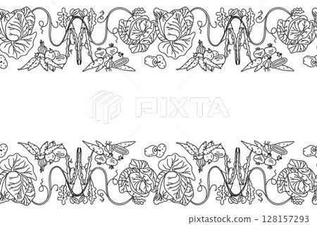 Line art botanical decorative different vegetables horizontal border seamless pattern isolated on white background. Hand drawn outline veggies with Cabbage Carrot Peas Pepper Onion vector design Card 128157293