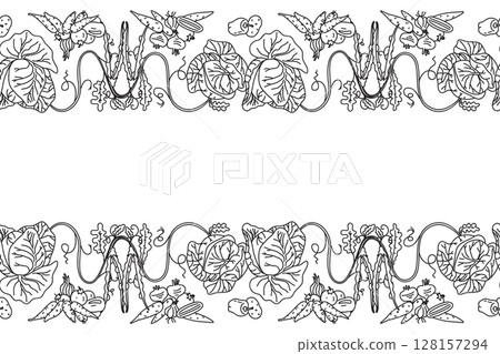 Line art botanical decorative different vegetables horizontal border seamless pattern isolated on white background. Hand drawn outline veggies with Cabbage Carrot Peas Pepper Onion vector design Card 128157294