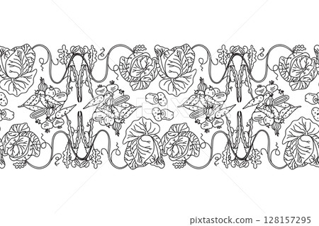 Line art botanical decorative different vegetables horizontal border seamless pattern isolated on white background. Hand drawn outline veggies with Cabbage Carrot Peas Pepper Onion vector design Card 128157295