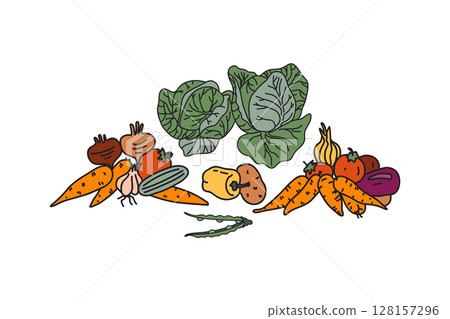 Set botanical decorative different vegetables isolated on white background. Hand drawn cartoon colorful veggies with Cabbage Carrot Peas Pepper Onion Tomato vector illustration Graphic design elements 128157296