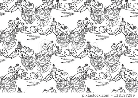 Line art botanical vegetables seamless pattern vector illustration. Repeating different veggies with Cabbage Carrot Peas Pepper Onion Tomato in white background. Graphic design for Cover Card Line art botanical vegetables seamless pattern vector illustration. Repeating different veggies with Cabbage Carrot Peas Pepper Onion Tomato in white background. Graphic design for Cover Card 128157299