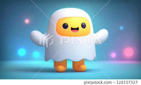 Halloween costume. Cute cartoon ghost character with happy expression, featuring white sheet and yellow face 128157327