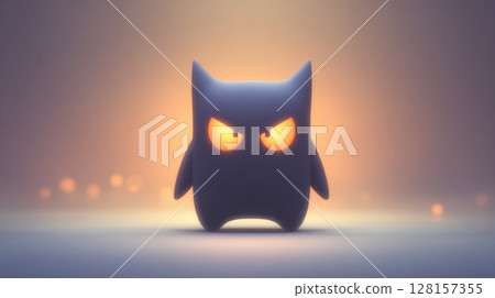 Halloween costume. Cute, glowing cartoon creature with angry expression stands in soft, misty environment 128157355