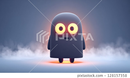 Halloween costume. Cute, glowing eyed cartoon ghost stands on misty surface, creating whimsical and mysterious atmosphere Halloween costume. Cute, glowing eyed cartoon ghost stands on misty surface, creating whimsical and mysterious atmosphere 128157358
