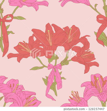 Vintage seamless pattern with hand drawn lily flowers and fancy bow knots on pastel pink background. Boho floral repeat wallpaper 128157447