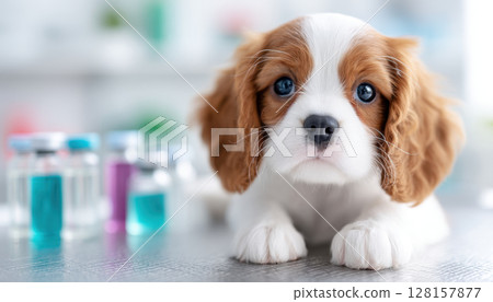 Cute pet puppy with big eyes lies on table in veterinary scene with vaccination vials blurred in background creating caring and hopeful atmosphere 128157877
