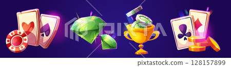 Cartoon casino game elements on purple bg Cartoon casino game elements on purple bg 128157899