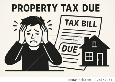 Stressed person holds their head in worry over property tax bill due, with house icon symbolizing real estate financial burden Stressed person holds their head in worry over property tax bill due, with house icon symbolizing real estate financial burden 128157954