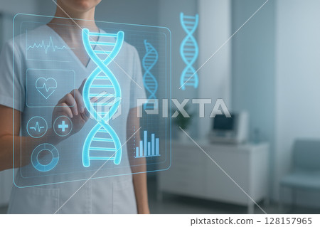 Medical professional interacts with futuristic holographic interface displaying DNA strands and health data, symbolizing advanced genetic research and healthcare technology 128157965