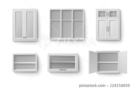 White kitchen cabinet set with open doors White kitchen cabinet set with open doors 128158050