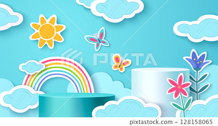 Paper cut rainbow scene with blue sky Paper cut rainbow scene with blue sky 128158065