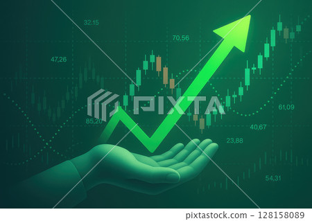 Financial growth and profit analysis show rising green arrow above hand with charts and graphs representing income revenue investment planning accounting report success datum and calculating 128158089