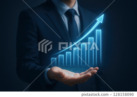 Financial investment profit income revenue business accounting analysis report planning growth success graph chart datum calculating machine concept with businessman holding rising bar chart hand 128158090