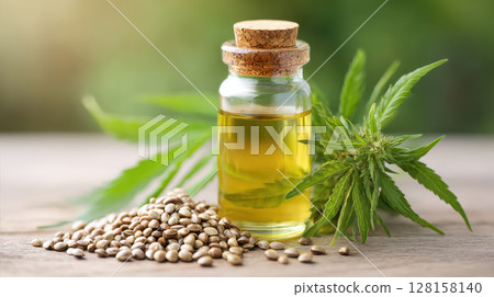 Organic cannabis oil in glass bottle with cork surrounded by cannabis seeds and fresh green cannabis leaves on wooden surface in natural light for cbd wellness use Organic cannabis oil in glass bottle with cork surrounded by cannabis seeds and fresh green cannabis leaves on wooden surface in natural light for cbd wellness use 128158140
