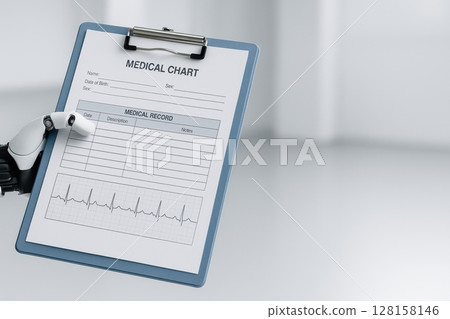 Medical robot holding medical chart with healthcare data and AI technology for advanced medical record keeping and patient monitoring in clinical environment 128158146