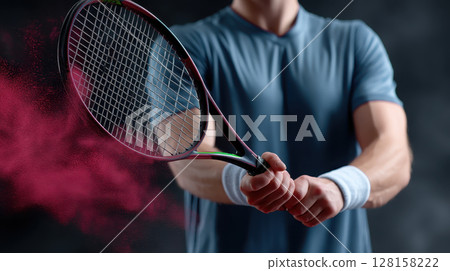 Tennis player in blue shirt hitting slice shot with racket, showing athletic motion and focus, with red powder effect enhancing dynamic action and energy Tennis player in blue shirt hitting slice shot with racket, showing athletic motion and focus, with red powder effect enhancing dynamic action and energy 128158222