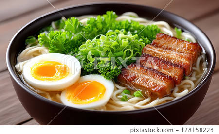 Bowl of ramen with rich broth, soft boiled eggs, grilled pork belly, fresh green onions, and parsley, creating warm and appetizing meal Bowl of ramen with rich broth, soft boiled eggs, grilled pork belly, fresh green onions, and parsley, creating warm and appetizing meal 128158223