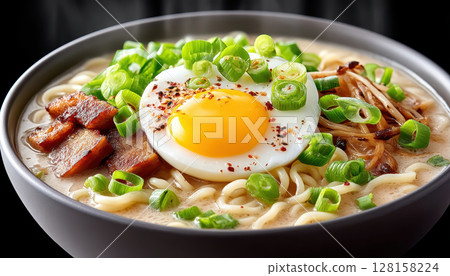 Bowl of ramen with rich broth, chashu pork, sunny fried egg, green onion slices, and mushrooms, creating warm and appetizing meal with vibrant colors and textures Bowl of ramen with rich broth, chashu pork, sunny fried egg, green onion slices, and mushrooms, creating warm and appetizing meal with vibrant colors and textures 128158224