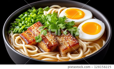 Bowl of ramen with rich broth, grilled pork belly, soft boiled eggs, fresh green onions, and cilantro garnish, creating warm and appetizing meal 128158225