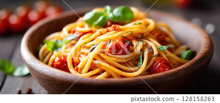 Spaghetti with roasted cherry tomato and fresh basil served in wooden bowl, showcasing vibrant colors and delicious, appetizing Italian pasta dish 128158263