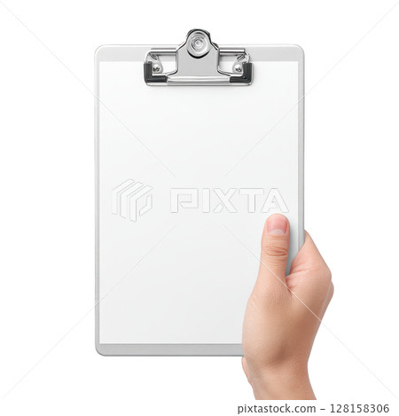 Hand holding clipboard with blank white paper office supply metal clip isolated on transparency background clean sheet document holder stationary item writing board empty page single hand 128158306
