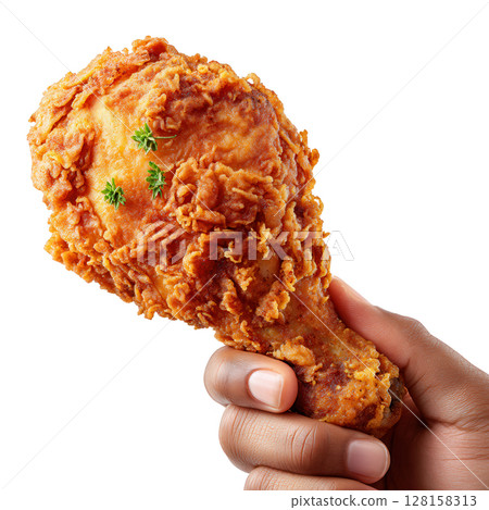Crispy fried chicken drumstick held by hand with golden crunchy coating and fresh herb garnish, offering delicious and savory snack or meal option Crispy fried chicken drumstick held by hand with golden crunchy coating and fresh herb garnish, offering delicious and savory snack or meal option 128158313