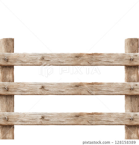 Wooden fence with horizontal planks and vertical posts showing natural texture and knots in rustic style watercolor effect creating warm and natural outdoor atmosphere 128158389