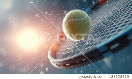 Tennis ball hitting racket with water droplets and sunlight, intense close up showing texture and motion in dynamic sports moment 128158419