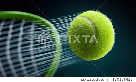 Tennis ball frozen in motion close to racket strings showing dynamic movement and vibrant yellow color in dark background, capturing energy and speed of sport 128158425