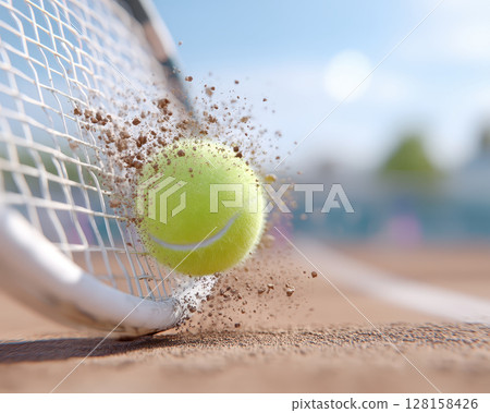 Tennis ball hitting racket strings on clay court with dirt flying in slow motion, capturing dynamic sports action and energy under bright daylight sky 128158426