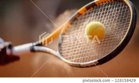 Tennis racket hitting yellow ball on clay court with dust flying, capturing dynamic motion and focus on sports action in outdoor setting 128158429
