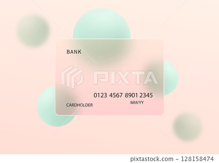 Soft vector design of a transparent credit card with floating pastel green spheres on a warm pink-beige background. Soft vector design of a transparent credit card with floating pastel green spheres on a warm pink-beige background. 128158474