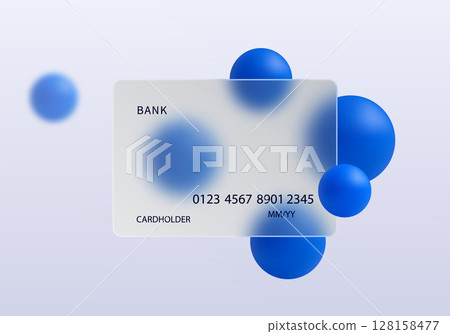 Clean vector illustration of a transparent credit card in glass morphism style with vibrant cobalt blue spheres on a soft light background. 128158477