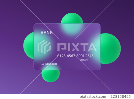 Bright vector illustration of transparent credit card with floating neon green spheres on dark purple gradient background. 128158495